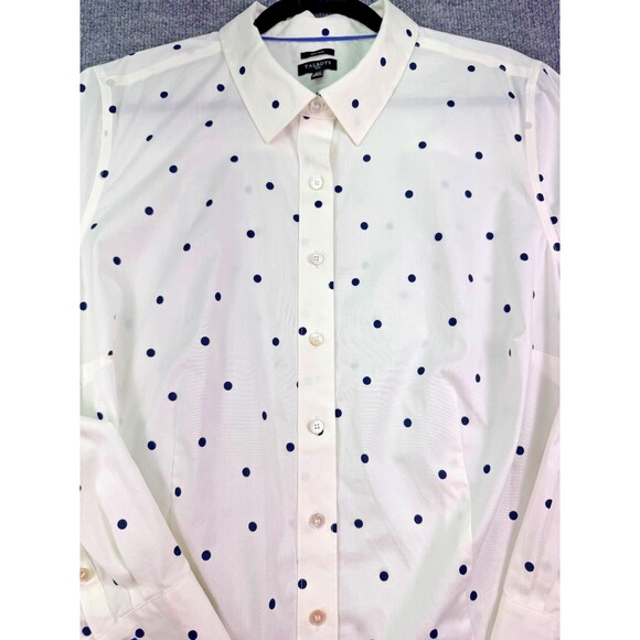 Talbots Plus 18W Non-Iron Button Front Shirt Ivory Navy Polka Dot Long Sleeve - Picture 2 of 11
